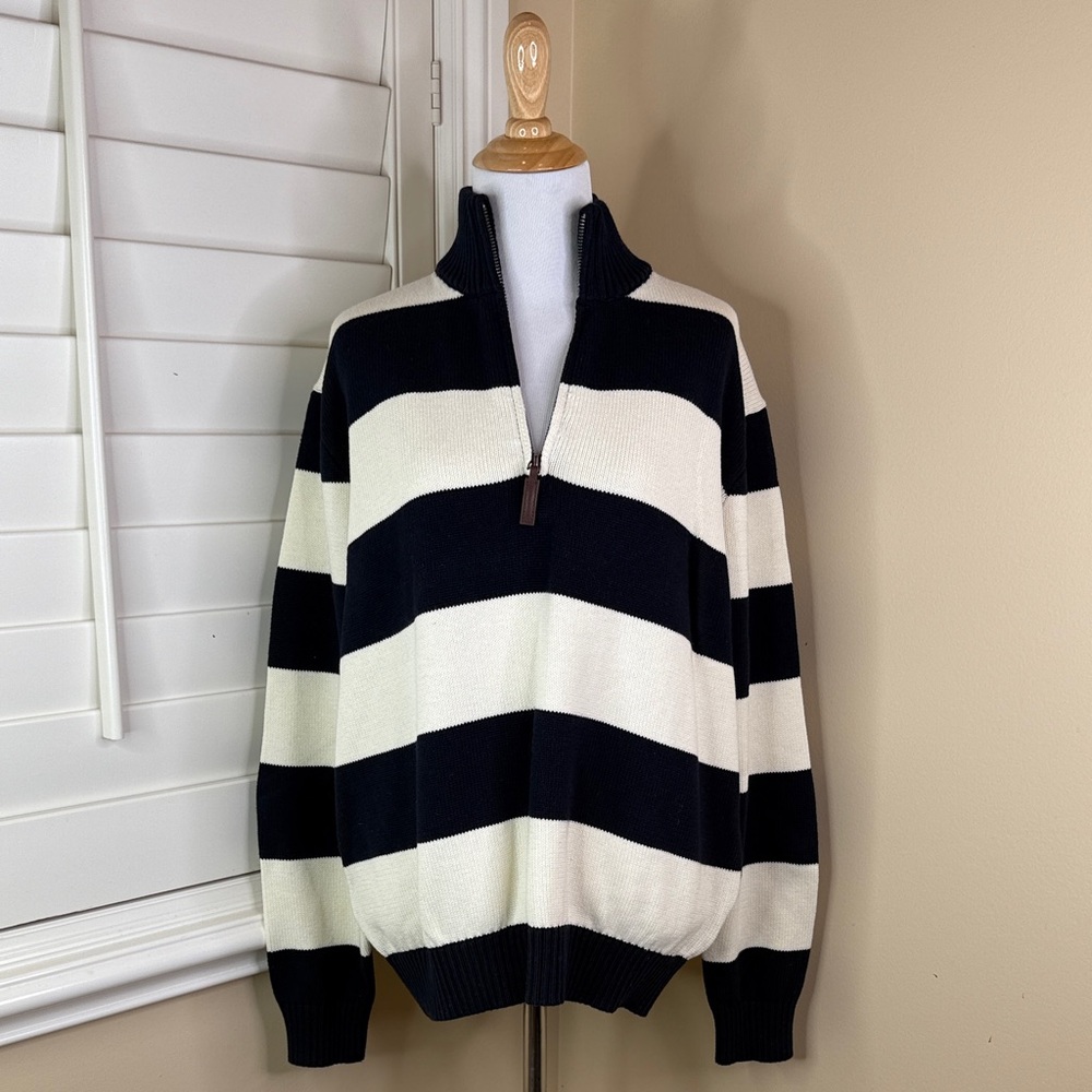 Brandy Melville Black and Cream Striped V-Neck Half-Zip Sweater